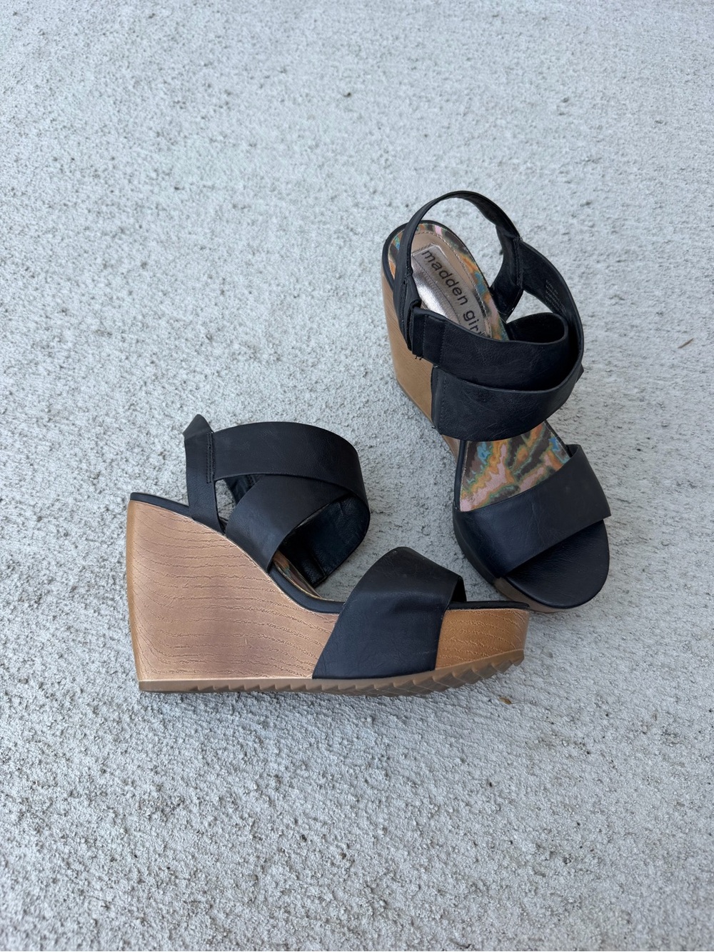 Madden Girl Black Crisscross Wedge Sandals with Wood-Look Platform